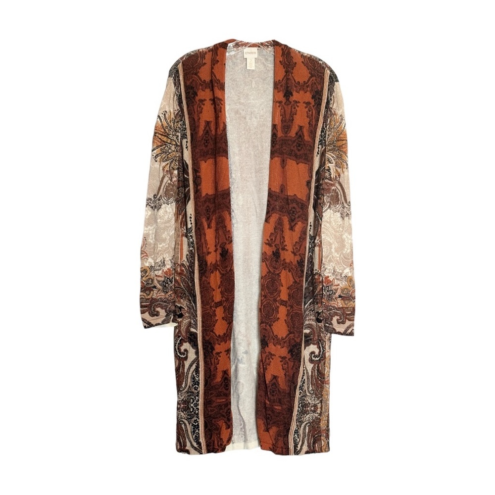 Chico’s Paisley Boho Tan Burnt Orange Open Front Duster Cardigan Size 2 (L) NWOT - Picture 2 of 7